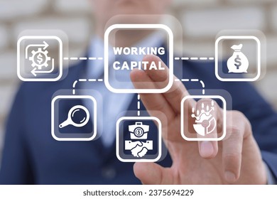 Businessman using virtual touch interface presses inscription: WORKING CAPITAL. Working capital business concept.