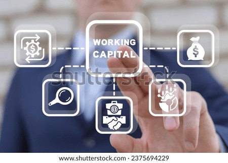 Businessman using virtual touch interface presses inscription: WORKING CAPITAL. Working capital business concept. 商業照片 © 
