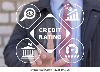 Businessman using virtual touch screen presses the inscription: CREDIT RATING. Credit Rating Concept. Finance banking investment concept. Business strategy development and growing growth plan.