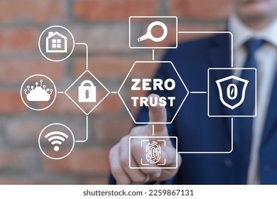 Businessman using virtual touch screen presses inscription: ZERO TRUST. Concept of zero trust security network.