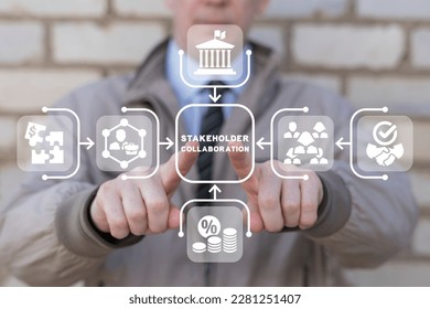 Businessman using virtual touch screen presses inscription: STAKEHOLDER COLLABORATION. Concept of business finance stakeholders investment management. Different stakeholders for organization.