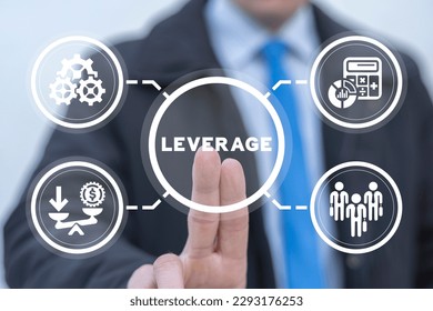 Businessman using virtual touch screen presses word: LEVERAGE. Concept of leverage in business, finance. Leverage investing. Investor borrow money or stock to increase potential return.