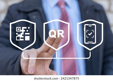 Businessman using virtual touch screen presses text: QR. QR code sample for smartphone scanning. Verification QR code. Concept following a link.