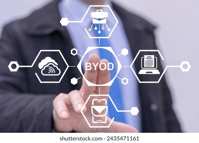 Businessman using virtual touch screen presses abbreviation: BYOD. Concept Bring Your Own Device ( BYOD ) or Distance Remote Learning.