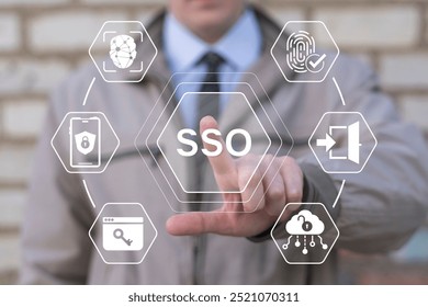 Businessman using virtual touch screen presses text: SSO. Concept of SSO Single Sign On. Single Sign-On is an authentication process with a single set of login credentials.