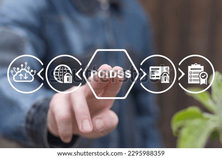 Businessman using virtual touch screen clicks abbreviation: PCI DSS. Concept of PCIDSS - Payment Card Industry Data Security Standard. PCIDSS payment security standard conceptual presentation.