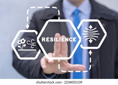 Businessman using virtual touchscreen presses word: RESILIENCE. Resilient Strength Company. Concept of Business Resilience. 