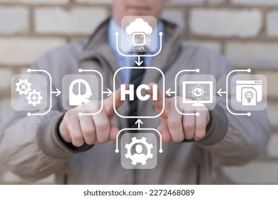 Businessman using virtual touchscreen presses acronym: HCI. Concept of HCI - Human Computer Interface.