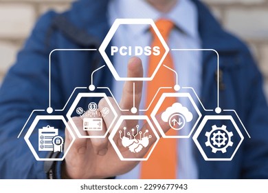 Businessman using virtual touchscreen presses abbreviation: PCI DSS. Concept of PCI DSS - Payment Card Industry Data Security Standard. PCIDSS payment security standard conceptual presentation.
