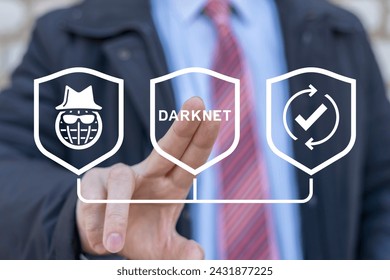 Businessman using virtual touchscreen presses word: DARKNET. Darknet and cybersecurity concept. Darknet browser deep dark web net internet technology.