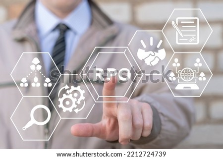 Businessman using virtual touchscreen presses abbreviation: RPO. Concept of RPO Recruitment Process Outsourcing. Outsource recruitment.