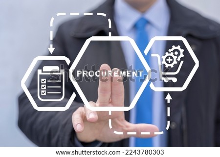 Businessman using virtual touchscreen presses word: PROCUREMENT. Concept of procurement. Product procurement management. Supply Chain Retail. Goods of delivery, logistic service, distribution.