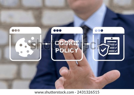 Businessman using virtual touchscreen presses inscription: COOKIE POLICY. Cookies Policy Web Concept. Internet web pop up for cookie policy notification. Allow all, refuse or choice.