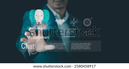 Businessman utilizing AI Agent complements replace to increase productivity and decisionmaking with data, Customize improvement and reskilling upskilling collaboration tool platforms  