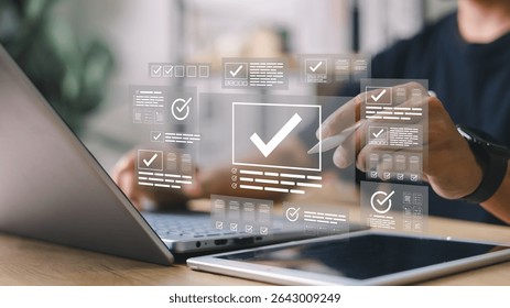 Businessman validating digital documents using futuristic interface with checkmark icons, quality assurance system, compliance review, and document verification.