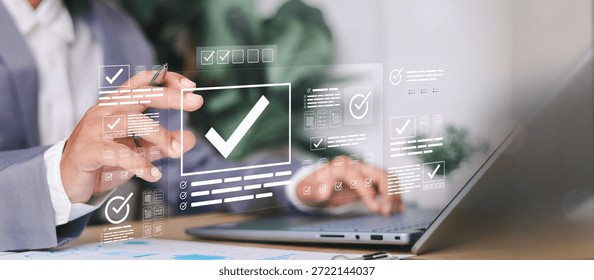Businessman validating digital documents using futuristic interface with checkmark icons, quality assurance system, compliance review, and document verification.