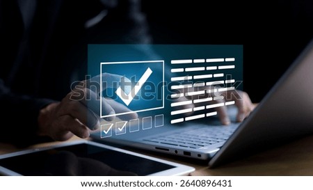 Businessman validating digital documents using futuristic interface with checkmark icons, quality assurance system, compliance review, and document verification.