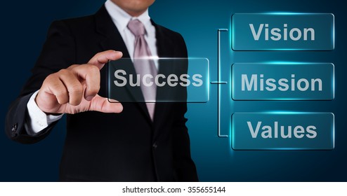 Businessman With Vision Mission And Values Label.