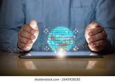 A businessman visualizing global financial data through AI-powered holograms on a tablet, showcasing analytics, banking, and economic trends.

