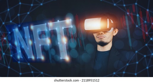 Businessman VR Glasses Avatar On Metaverse Trading NFT Non Fungible Token For Crypto Art  In Blockchain 