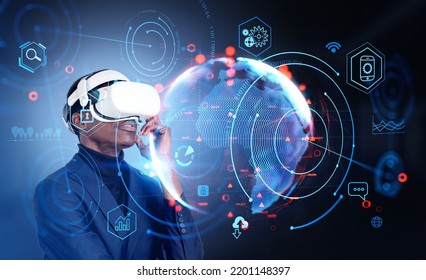 Businessman in vr headset is watching at digital interface with virtual globe, circle hologram with cogwheel, cloud data, binary code. Concept of metaverse, modern technologies, international business - Powered by Shutterstock