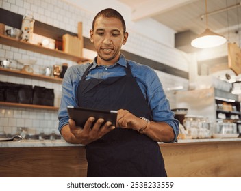 Businessman, waiter and digital with tablet for cafe, online service and stock management with scroll. Coffee shop, male person and smile with technology for inventory tracking, menu web or checklist - Powered by Shutterstock