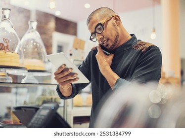 Businessman, waiter and multitasking with phone call or tablet for order, online enquiry or purchase at coffee shop. Man, employee or barista with mobile smartphone or technology for service at cafe - Powered by Shutterstock