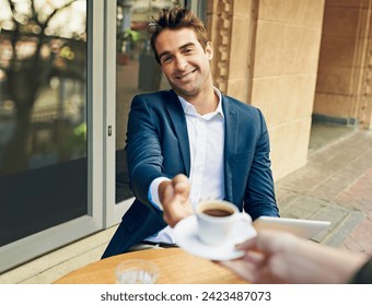 Businessman, waitress and hand or coffee as customer service for pov or outdoor cafe or restaurant, relax or caffeine. Male person, smile and drink giving on street in Italy, hospitality or consumer - Powered by Shutterstock