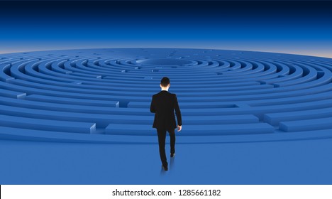 Businessman walking in maze, problem and solution concept