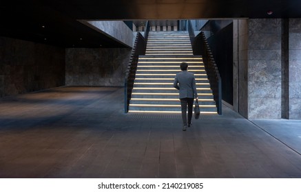 Businessman Walking On Stairs Back View