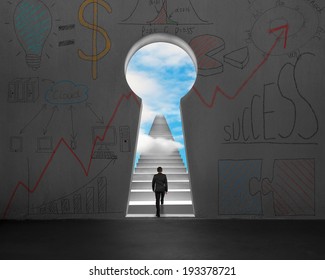 Businessman Walking On Stairs With Through Key Shape Door And Business Doodles On Wall