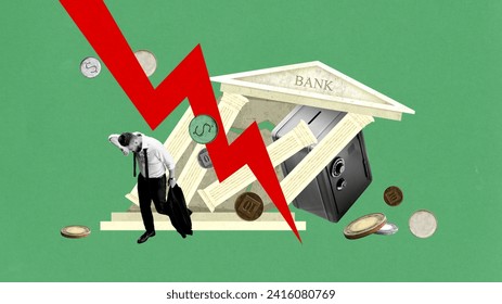 Businessman walking out bank in despair after financial crisis, decline in money, crack of banking system. Contemporary art collage. Concept of economic crisis, business, depression, finances - Powered by Shutterstock