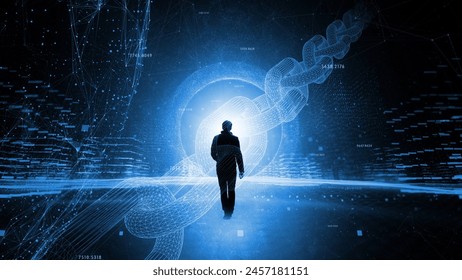 Businessman walks in digital futuristic blockchain cyberspace.	
