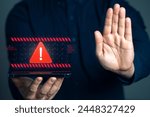 Businessman warns of danger. Risky investments. Fraud business. Mistakes and mistakes. Access blocking. Cyber security. Compliance with laws and regulations. Warn about incorrect actions.