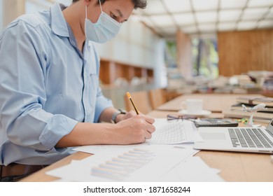 Businessman Wear Mask And Working Data Document Report Marketing Research, Development Planning, Management Strategy, Analysis Financial Accounting. Finance And Accounting Concept