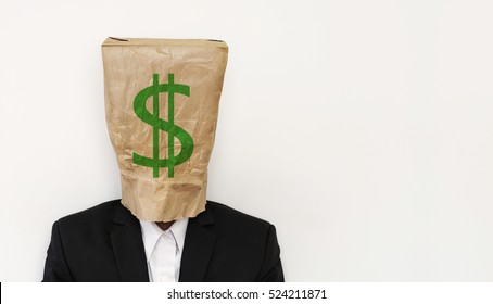 Businessman wearing crumpled brown paper bag, with green dollar sign, business bankruptcy concept, with copy space 