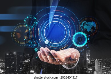 Businessman wearing formal suit is holding digital interface hologram in his hand. Hud with globe in the foreground. New York city skyscrapers in the background. Concept of future technologies