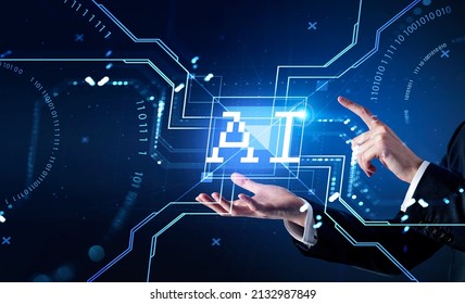 Businessman wearing formal suit is holding artificial intelligence in his hand. Digital interface with binary code and circle hologram on dark blue background. Concept of modern technology in trading