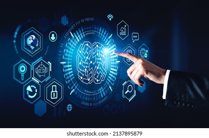 Businessman wearing formal suit is touching digital interface with finger. Hologram with binary code, circle hologram, virtual brain on dark blue background. Concept of modern technology in business