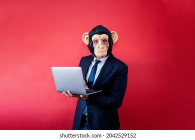 Businessman wearing monkey mask and using a laptop. - Powered by Shutterstock