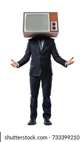 A businessman wearing an old TV on his head has his arms turned up in inviting gesture. Join the broadcasting. Arts and entertainment business. TV producing.