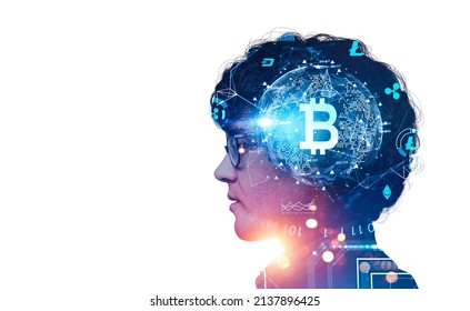 Businessman wearing shirt and glasses with digital interface with virtual globe and bitcoin cryptocurrency, pie diagram and binary code at his head. Concept of international internet crypto trading