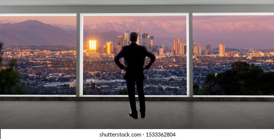 Businessman wearing a suit looking at the buildings of downtown Los Angeles from an office window.  The man looks like a politician mayor, or an architect or a real estate developer working in LA
