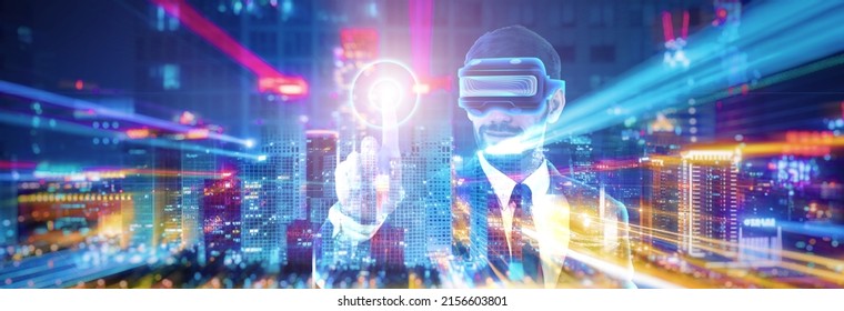 Businessman wearing VR glasses to join metaverse, virtual reality, networking applications, web3.0, virtual world and simulation. Futuristic concept background with double exposure. - Shutterstock ID 2156603801