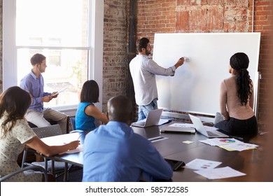 Businessman At Whiteboard In Brainstorming Meeting