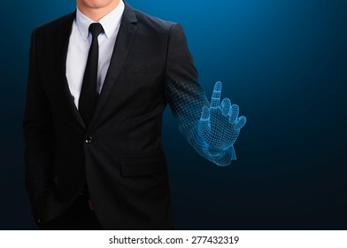 Businessman With Wireframe Hand Pointing On Blank Space