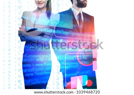 Businessman and woman on abstract HTML code background with copy space. Programming and teamwork concept. Double exposure 