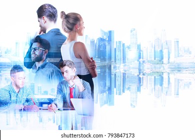 Businessman and woman on abstract reflected city background. Teamwork and job concept. Double exposure 