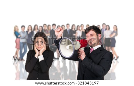 Businessman and woman stand foreground on the blurred people and white background
