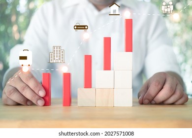 Businessman With Wood Block Increasing Graph And Checkpoint With Virtual Increasing Graph Growth Lifestyle